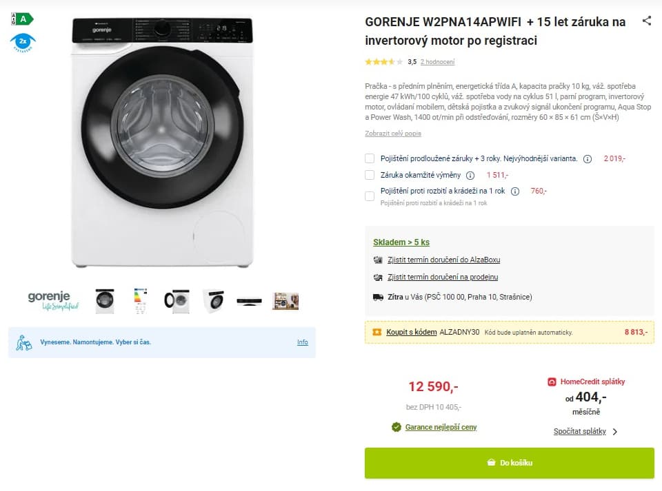 Parní pračka Gorenje 10kg, 1400ot., Wifi