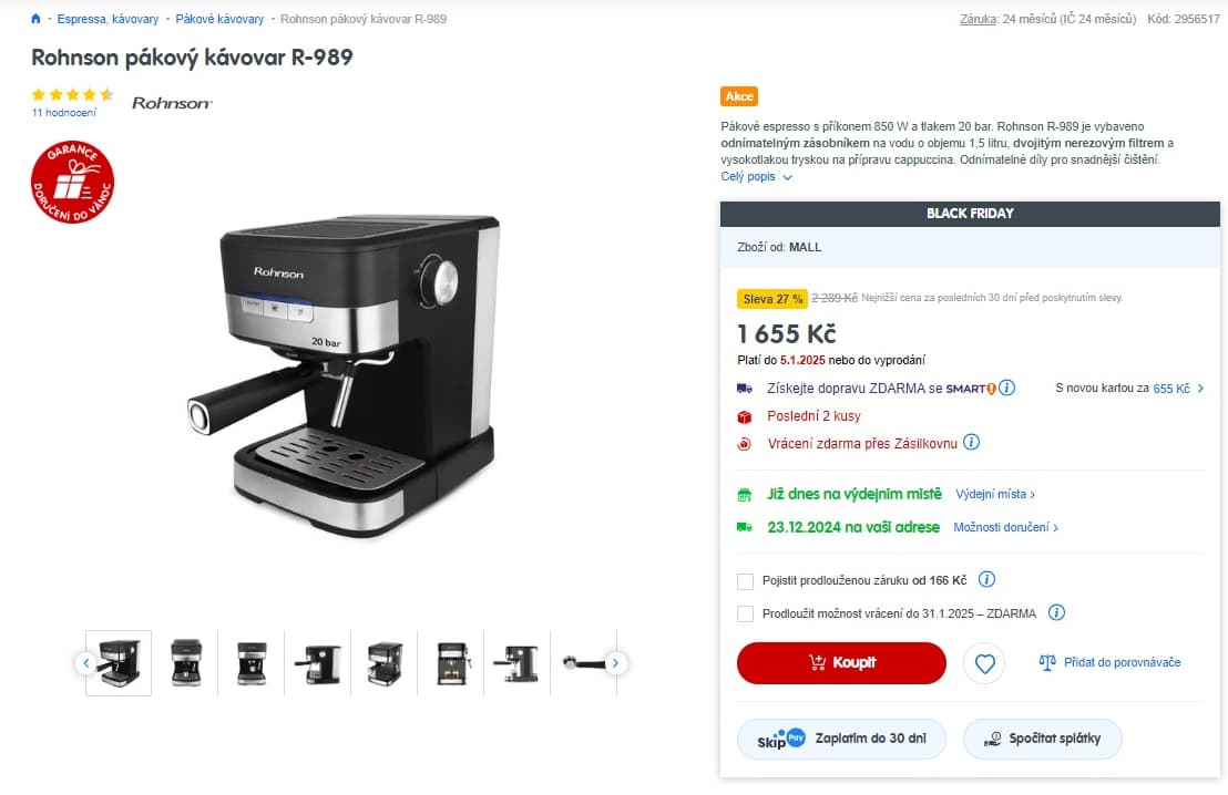 Pákové espresso Rohnson 20bar
