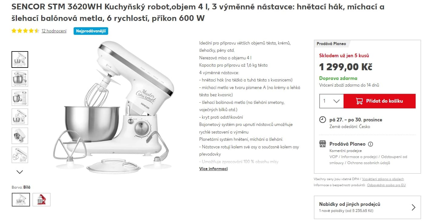 Kuchyňský robot Sencor, 4l. hněte, míchá, šlehá