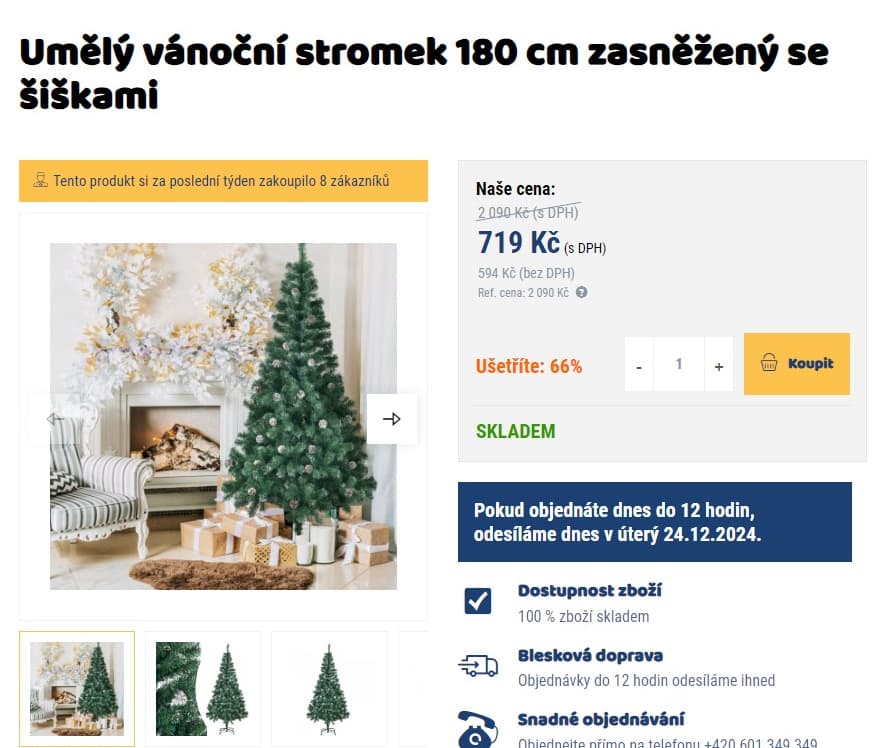Umělý vánoční stromek 180 cm, šišky, sníh