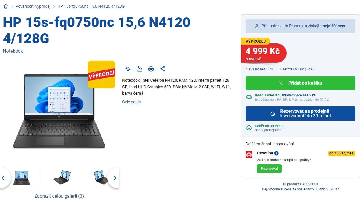 HP 2,6GHz, 4GB RAM, 128GB SSD, 15,6"