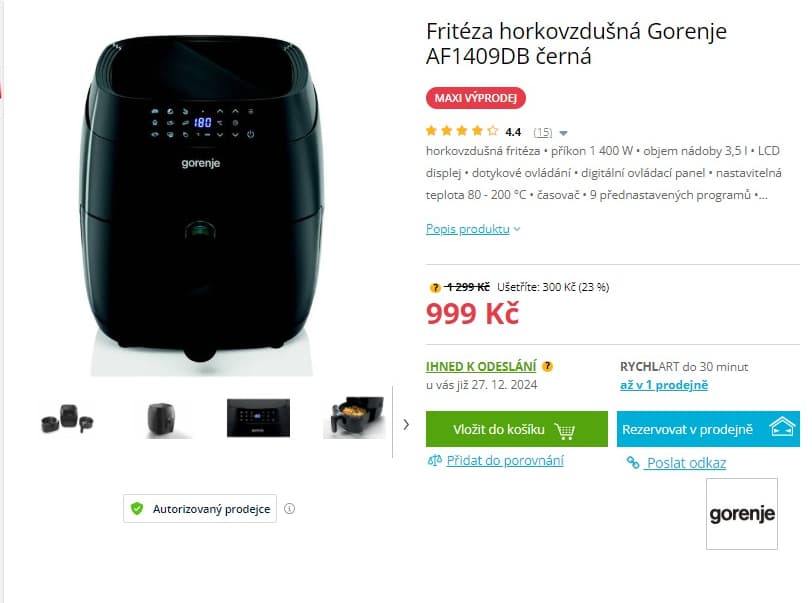 Horkovzdušná fritéza Gorenje 3,5 litru