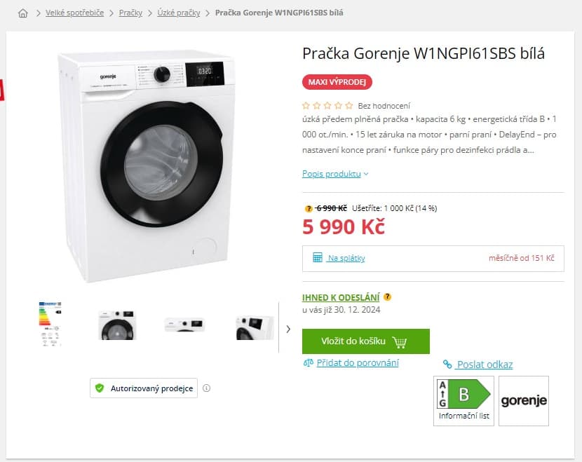 Parní pračka Gorenje 6 kg, 1000 ot. 