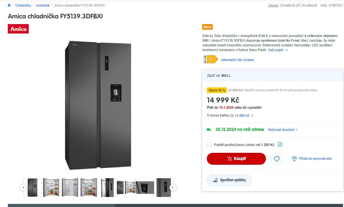 Americká lednice Amica, led, voda, 177cm