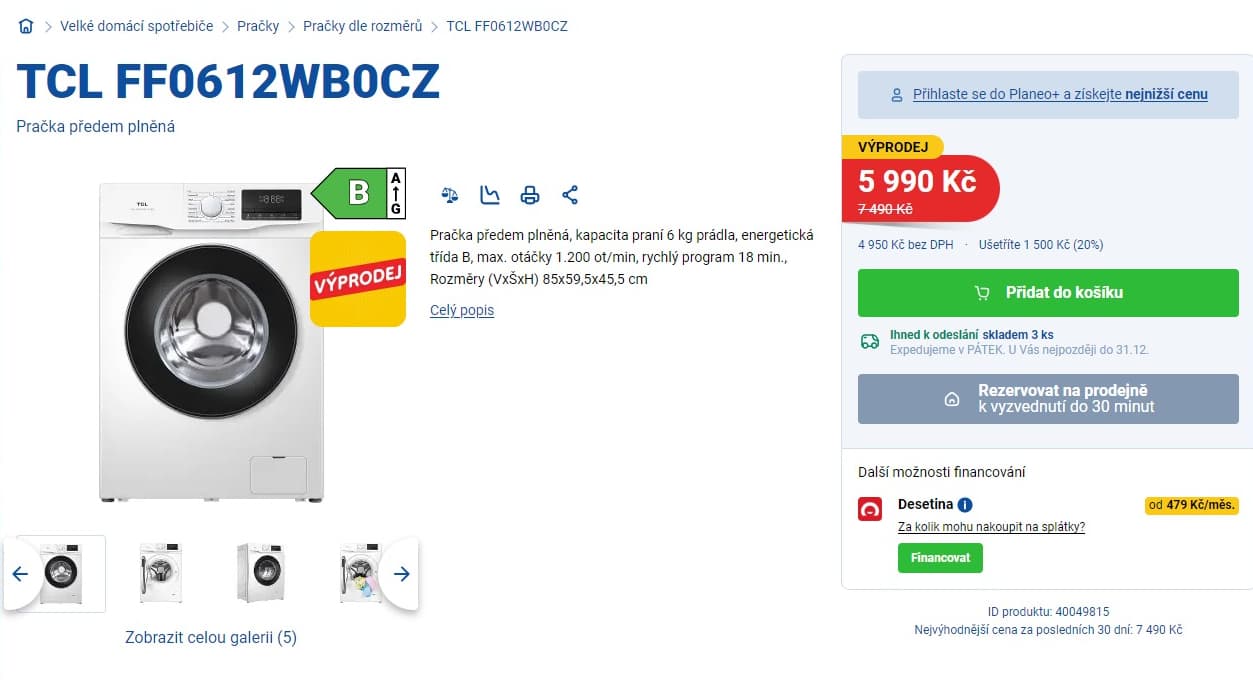 Parní pračka TCL 6kg, 1200ot., add wash