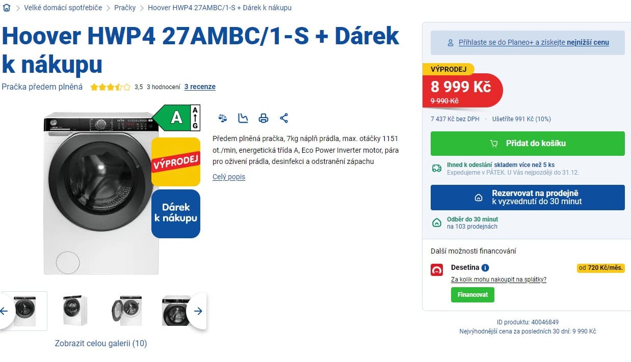 Parní pračka Hoover 7 kg, 1100ot. Wifi, BT, 45cm