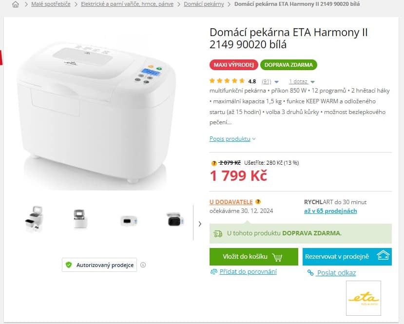 Plně automatická pekárna Eta, 12 programů