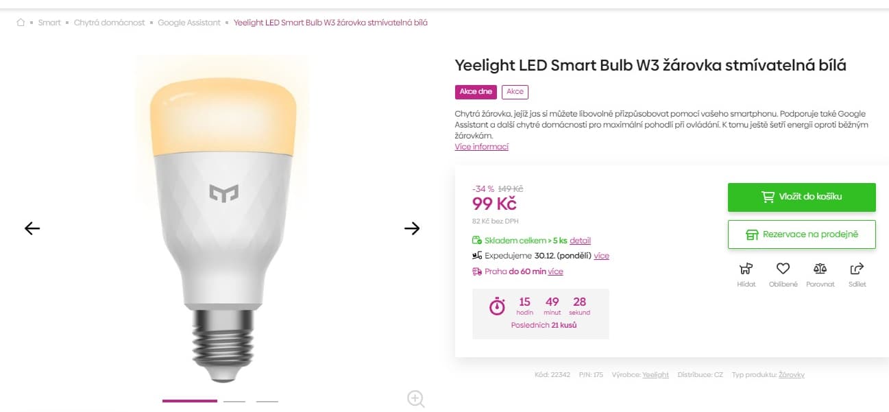 Chytrá žárovka Yeelight, e27, 900 lumenů
