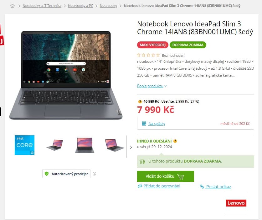 Chromebook Lenovo, dotyk, 14", 3,8GHz