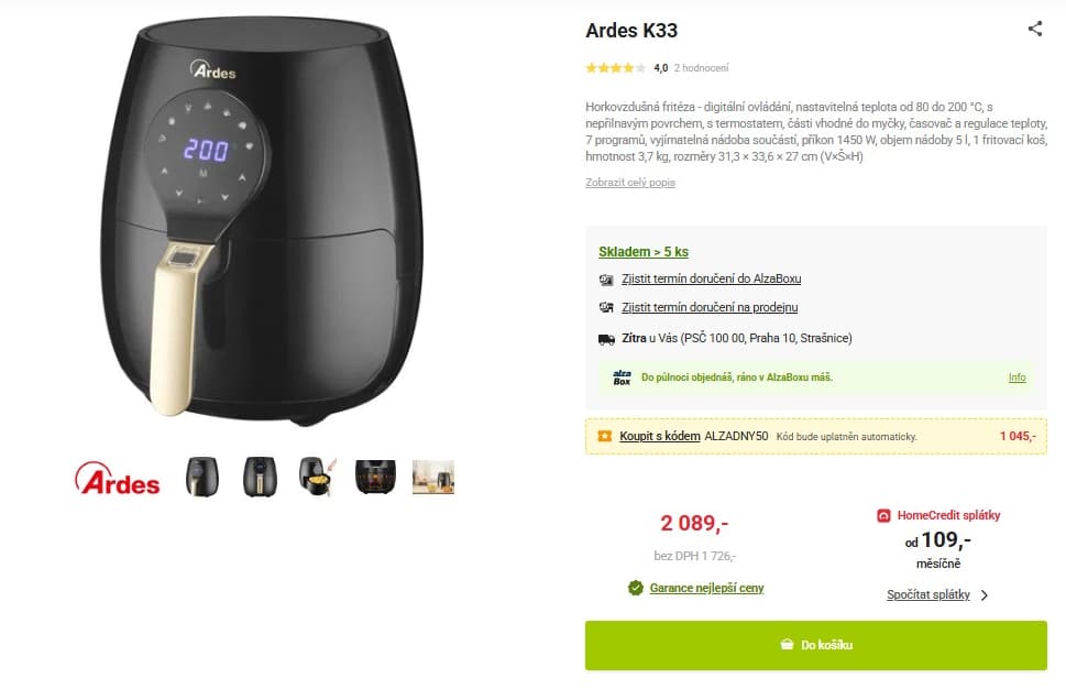 Horkovzdušná fritéza Ardes, 5l., 7 programů