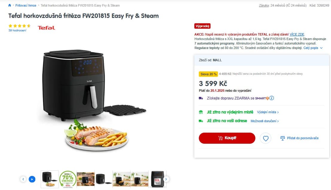 Airfryer Tefal, gril, vaření v páře, 6,9l.