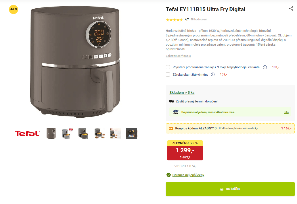 Horkovzdušná fritéza Tefal 4,2 l., 8 programů
