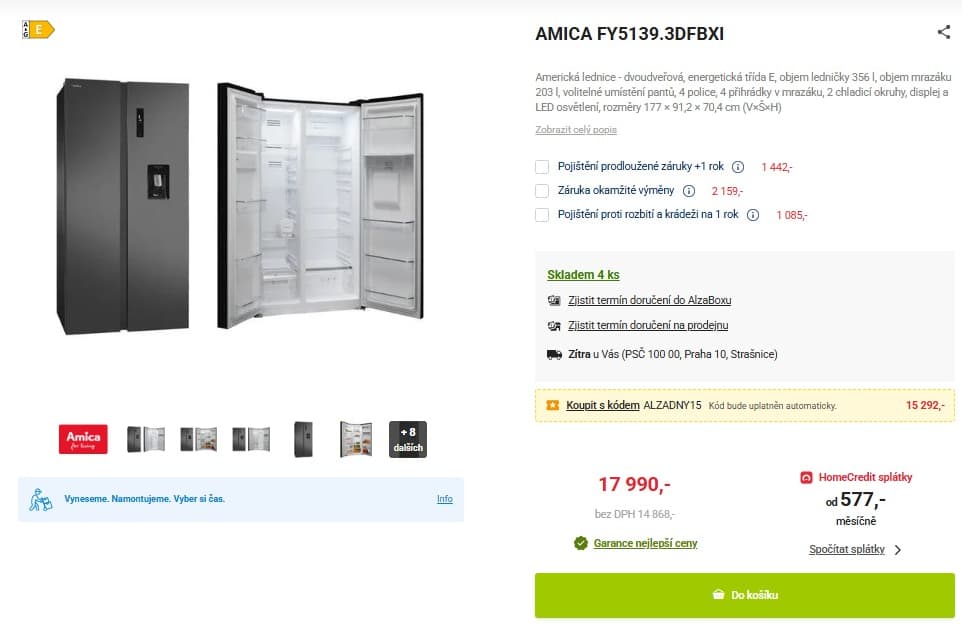 Americká lednice Amica, led, voda, 177cm