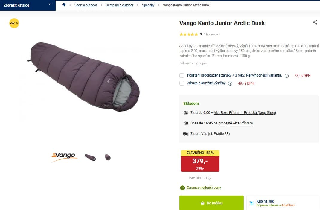 Dětský spacák Vango Kanto, do 150 cm, -5 °C