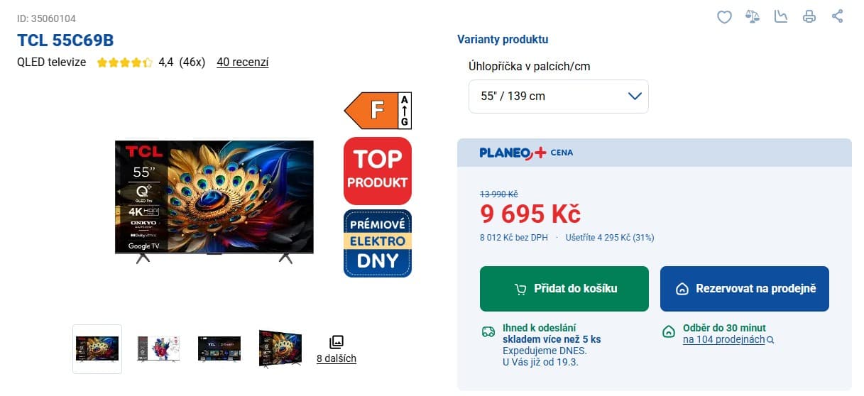 QLED Smart TV TCL, 55" / 139 cm, 4K