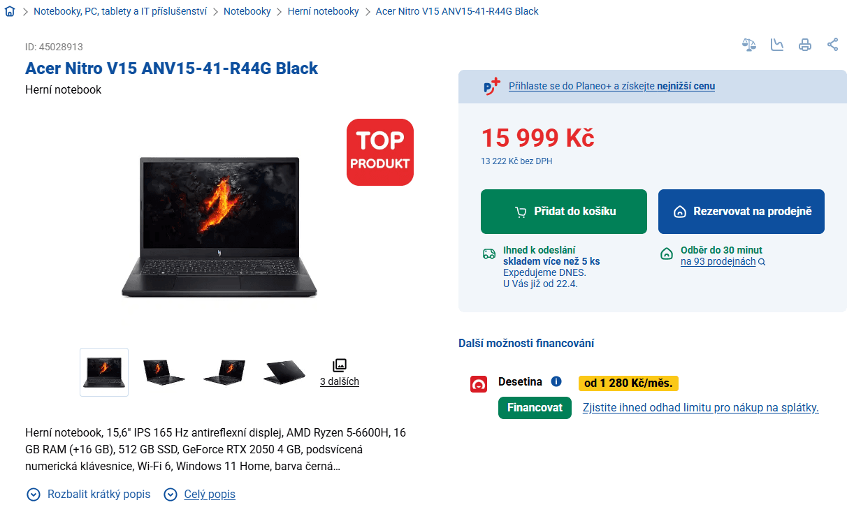 Acer 4,5GHz, 16/512GB, Nvidia 4GB, 15,6" 