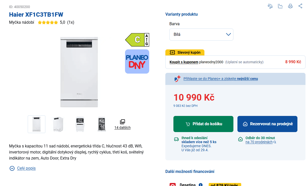 Volně stojící myčka nádobí Haier 11sad, Wifi