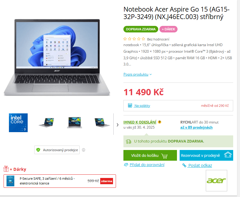 Acer i3 3,9GHz, 16/512GB, 15,6", W11