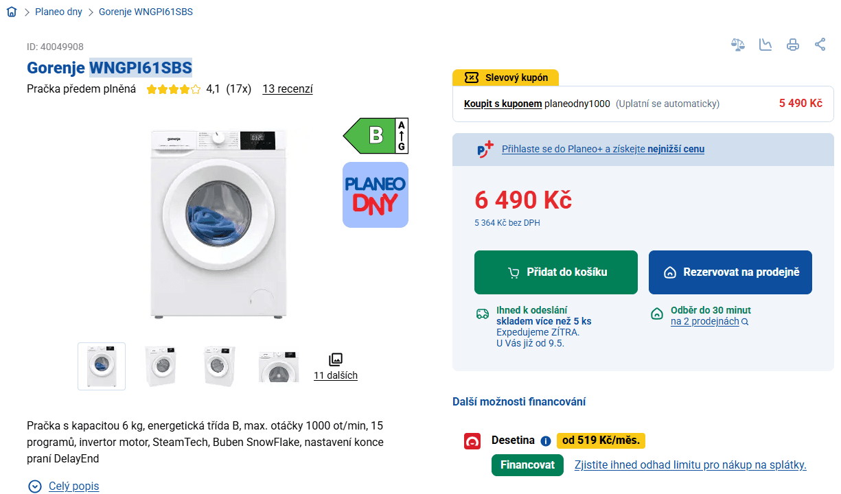 Pračka Gorenje, 1000 ot/min, 6 kg, 15 prog