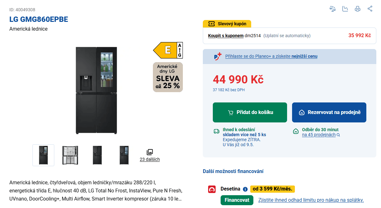 Americká lednice LG, Instaview, led, Wifi, 178cm