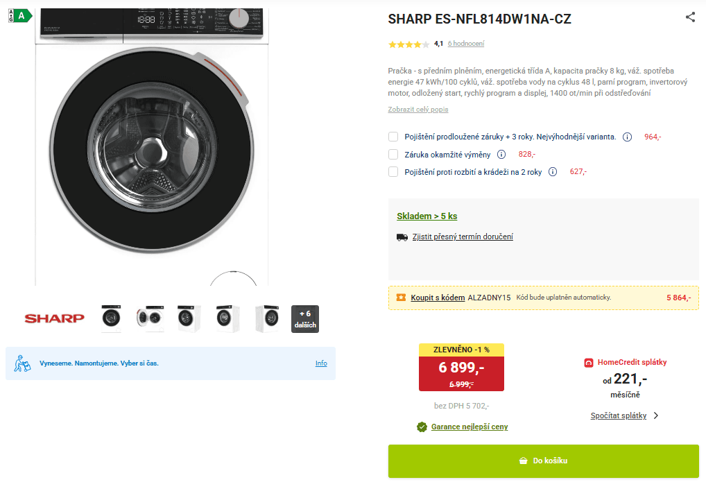 Parní pračka Sharp 8kg, 1400ot., A