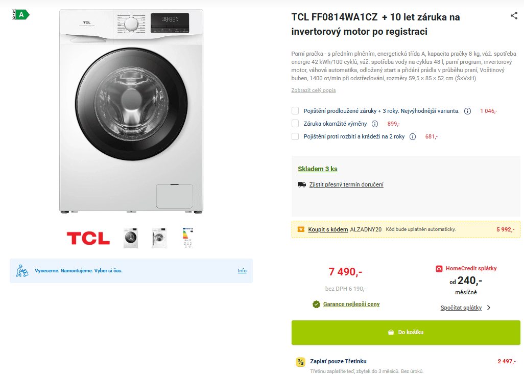 Parní pračka TCL 8kg, 1400ot., A