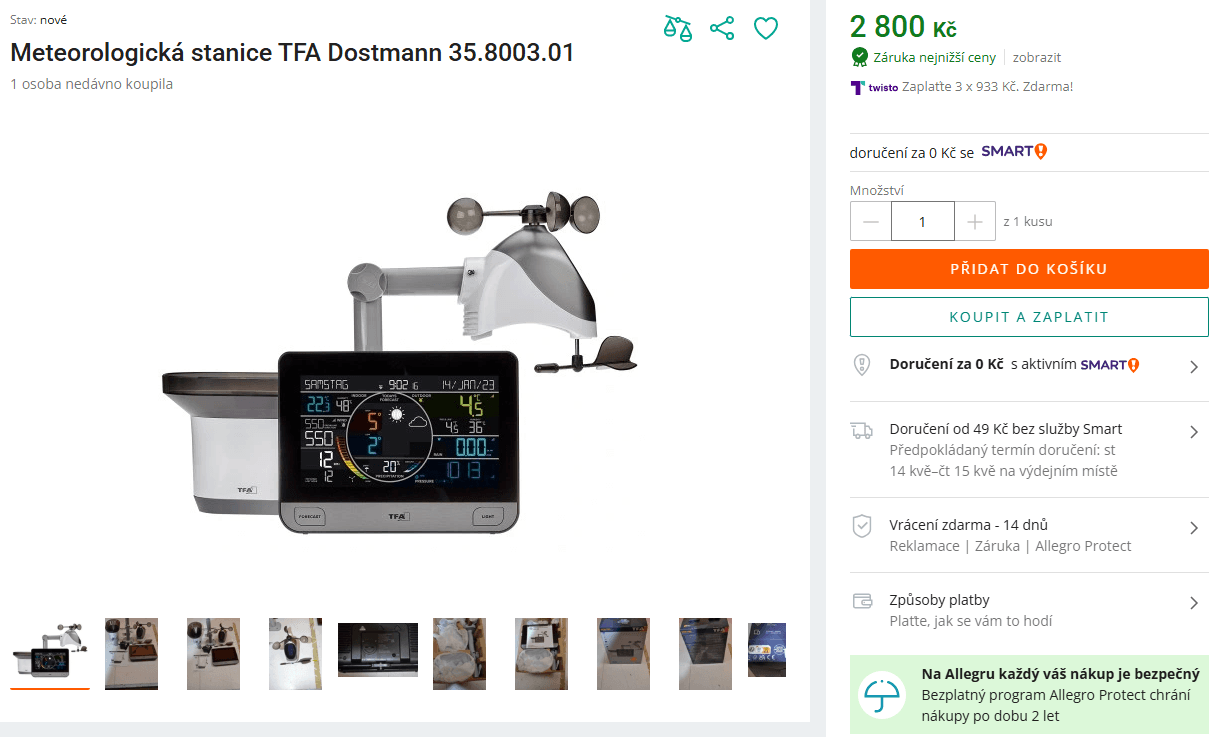 Profi meteostanice TFA, Wifi, vítr atd
