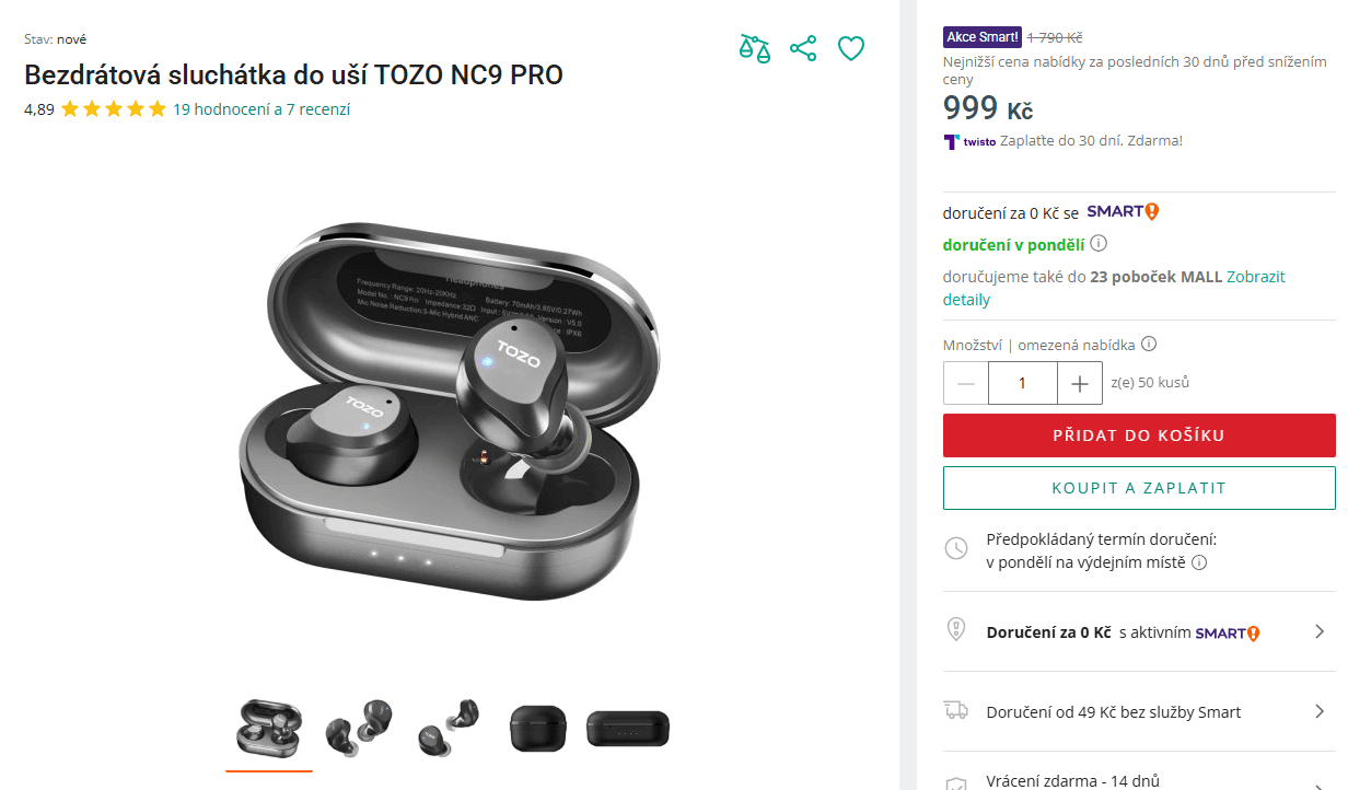 BT sluchátka Tozo, ANC, TWS, 32 hodin