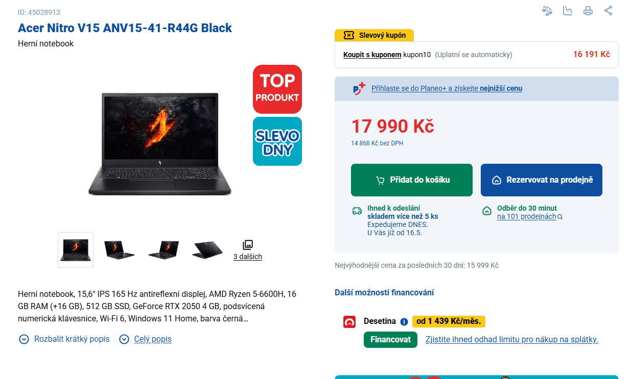 Acer 4,5GHz, 16/512GB, Nvidia 4GB, 15,6" 