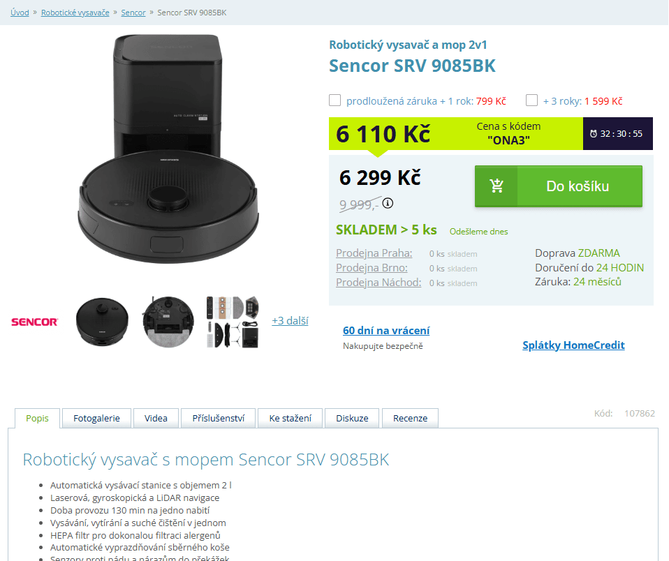 Robot mop, stanice Sencor, laser, hepa
