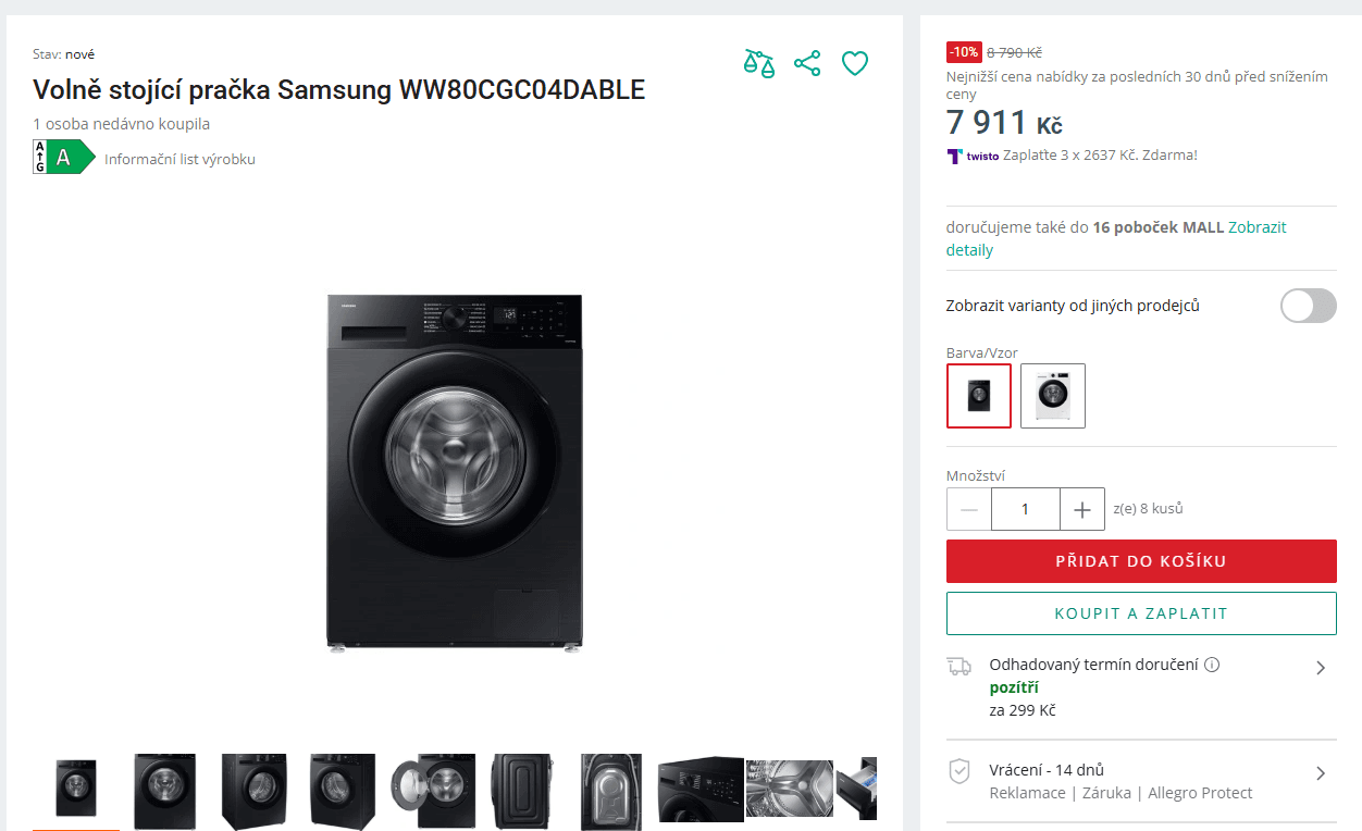 Praní pračka Samsung 8kg, 1400, Wifi, AddWash, A