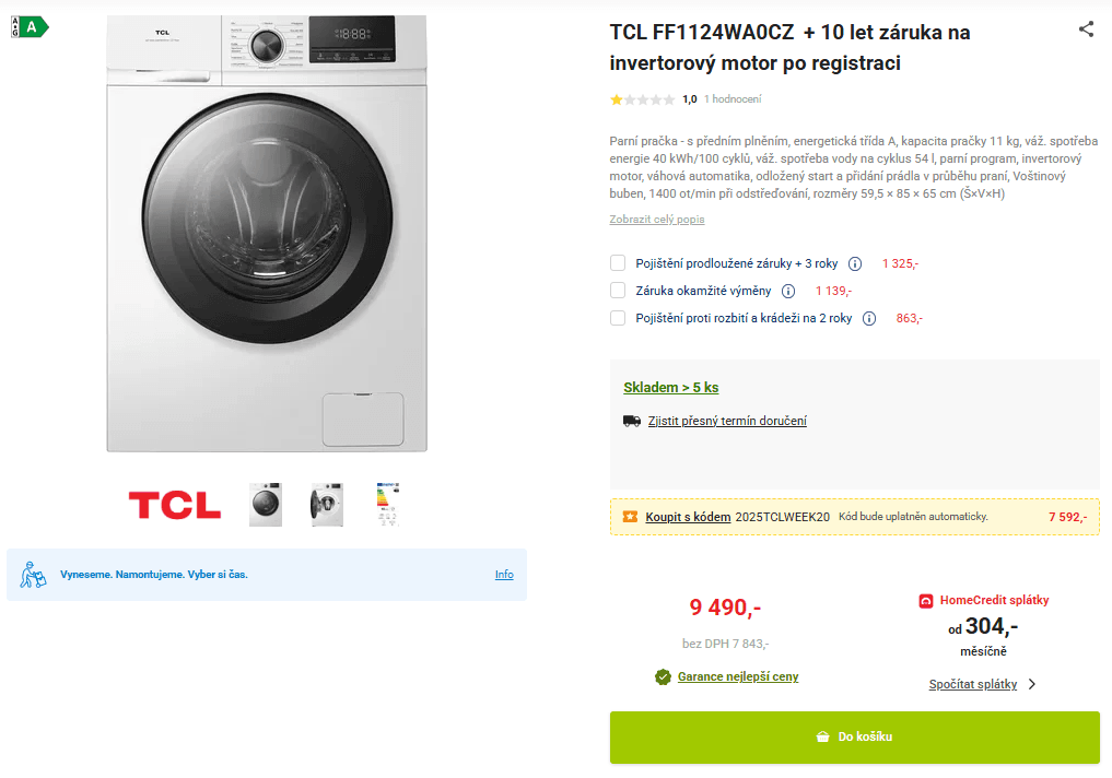 Praní pračka TCL 11kg, 1400ot., A, AddWash